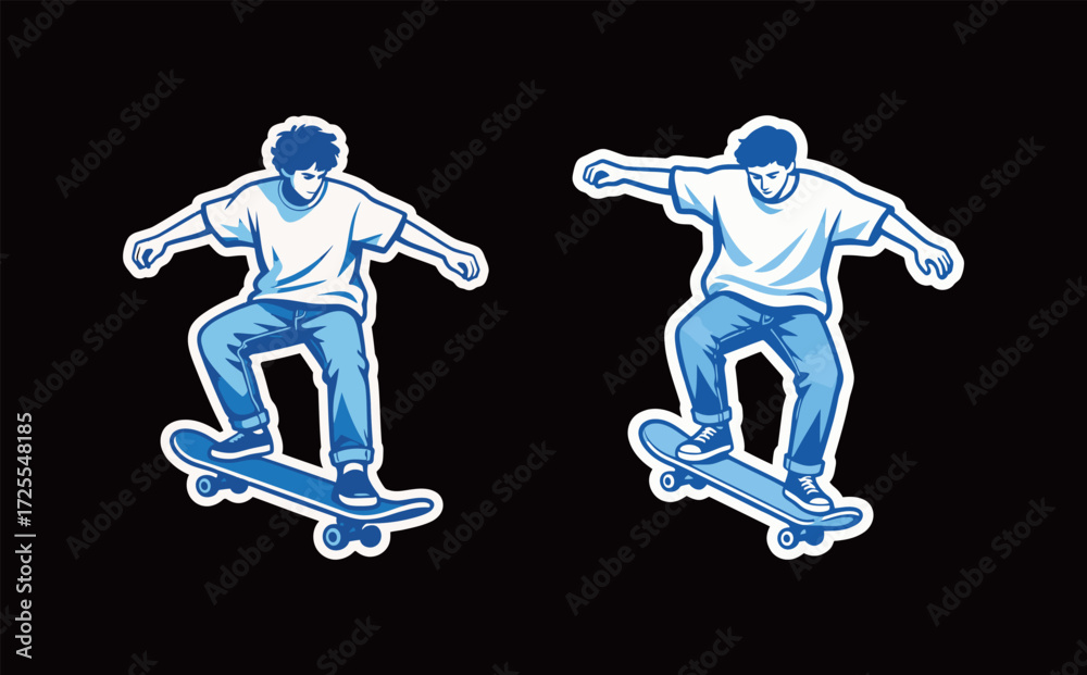 Naklejka premium Dynamic Vector Illustration of Two Skateboarders Performing Tricks and Jumps, Representing Extreme Sports, Urban Culture, Youth Freedom, and Active Street Recreation
