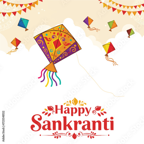 Colorful flat 2D vector illustration of Happy Sankranti, featuring traditional cultural symbols like kites, sesame sweets, and sugarcane, on a plain white background.