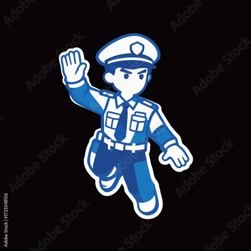 Dynamic Vector Illustration of a Police Officer in Uniform Giving a Stop Hand Signal, Representing Law Enforcement, Authority, Security, and Public Safety Profession