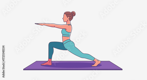 Illustration of a woman in warrior two pose on a yoga mat enhancing flexibility and balance