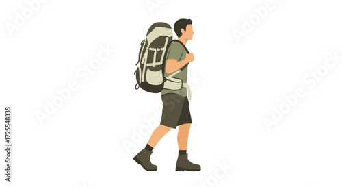 Illustration of a man with a large backpack exploring outdoors on an adventure journey carrying equipment for hiking or camping during summer vacation