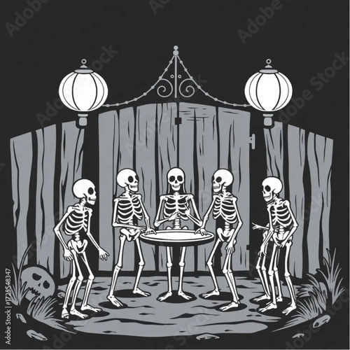 A skeleton gathering for a midnight ritual in a abandoned carnival surrounded by creaking wooden gate.