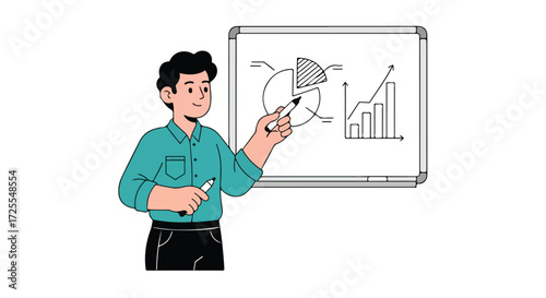 Illustration of a businessman presenting growth strategy and analytical data on the whiteboard with graph analysis and pie charts visual