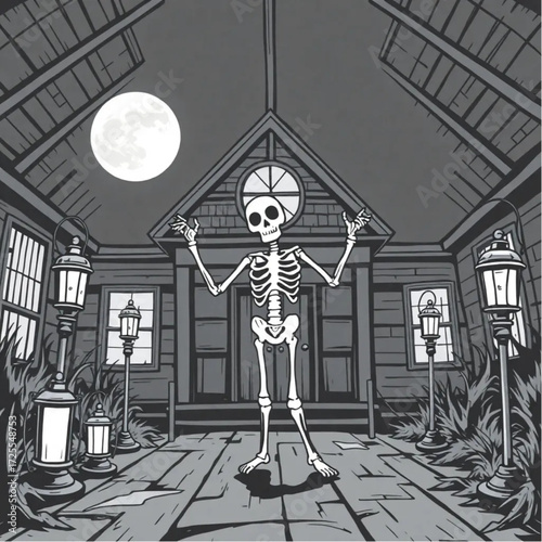 A skeleton dancing under the moonlight in a abandoned schoolhouse surrounded by rusty lanterns.