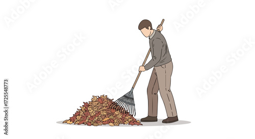 Illustrative depiction of an individual raking fallen foliage into a substantial pile outdoors rendering autumnal atmosphere with cleaning activities