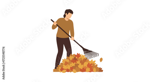 Autumn Yardwork: Person Raking Fallen Leaves into a Pile on a Crisp Fall Day, Preparing for Cleanup