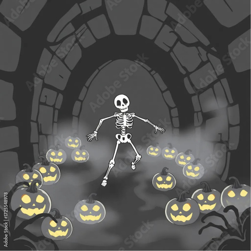 A skeleton chasing through the mist in a ancient crypt surrounded by glowing jack-o'-lanterns.