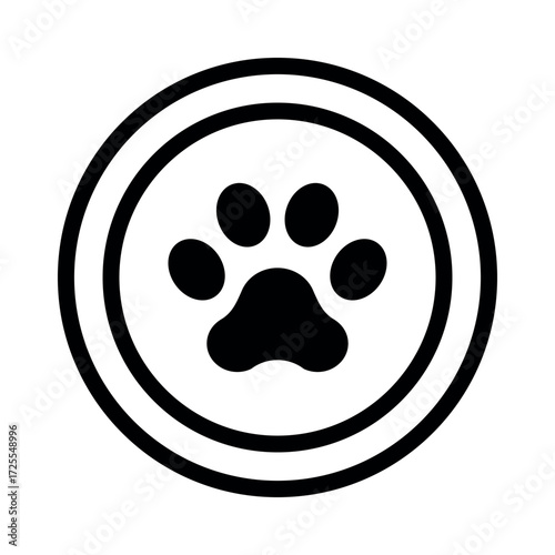 Pet friendly vector paw label on white background. Animal protection logo line symbol, pet care, cat paw icon, circle shield. Veterinary medicine concept.