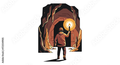 Illustrative miner ventures into ancient cave passage illuminated by handheld torch carrying flickering flame