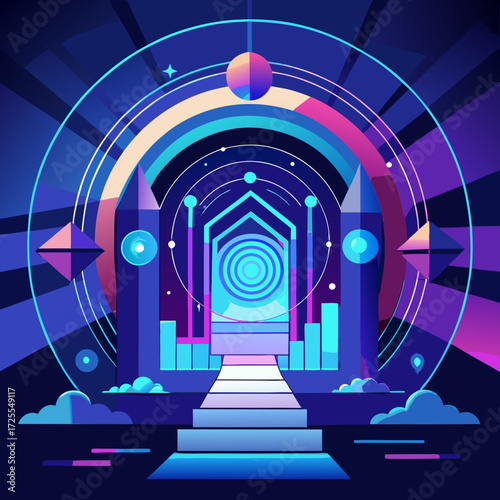 Futuristic portal with glowing entrance and cosmic elements