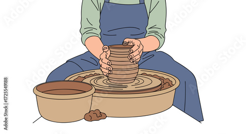 Illustrative potter molding clay on wheel, focusing on the hands shaping vessel under soft light for artistic expression