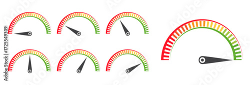 Colorful level meter indicator from empty to full. Color scale vector illustration to use in business, risk management, dashboard, technology quality indicator. 