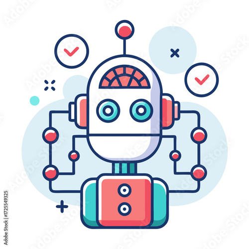 Friendly robot with checkmarks and abstract shapes