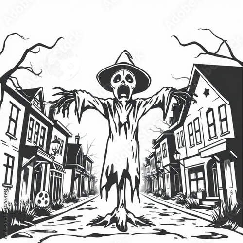A scarecrow screaming silently in a ghost town street surrounded by blood-stained moon.