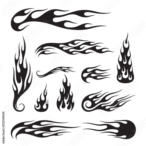 Flame decal. Fire abstract black silhouette flames for race car or tattoo.