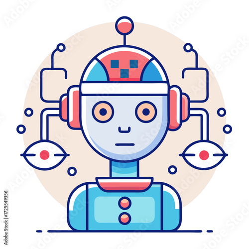 Cute cartoon robot head with futuristic technology and sensors