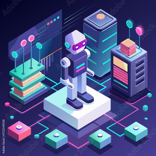 Futuristic robot overseeing data servers and network connections