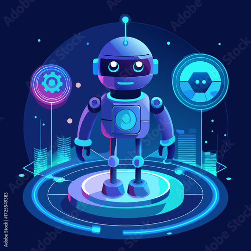 Futuristic robot standing on platform with digital interface elements