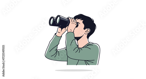 Cartoonish illustration showcasing a man looking through binoculars, isolated on a white background offering visual exploration, discovery, and
