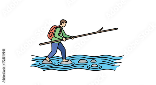 Person with Backpack Using a Stick for Balance while Crossing a Stream on Stepping Stones carefully