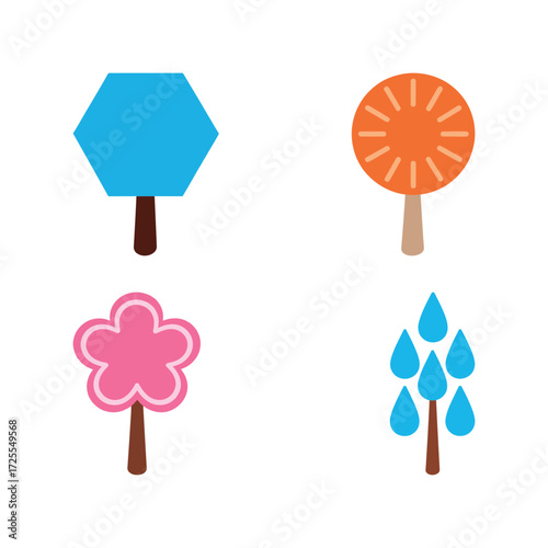 Set of Four Simple and Colorful Cartoon Vector Trees with Abstract Shapes and Water Droplets, Representing Nature, Seasons, and Creative Children's Graphic Design Elements