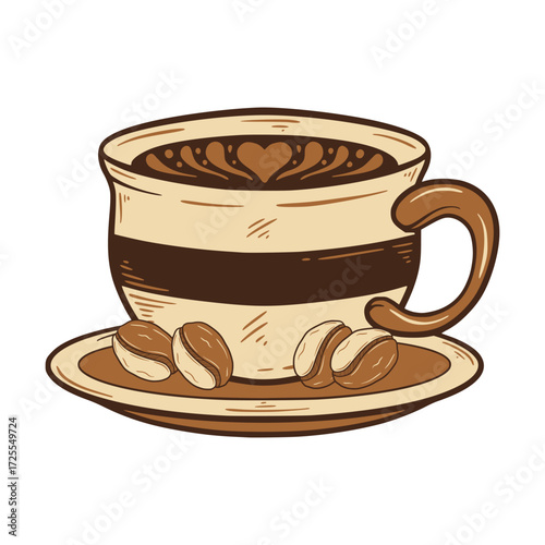 Hand Drawn of  Coffee Cup with Latte Art and Coffee Beans