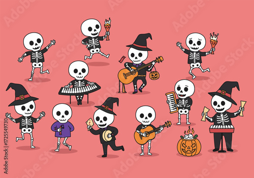 Vector art of skeletons in festive attire play instruments and dance with joy, creating a lively Halloween scene against a clean background the skeletons wear hats and scarves