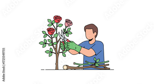 A stylized illustration depicting a person pruning a rose bush with gardening shears wearing gloves showcasing plant care and cultivation techniques