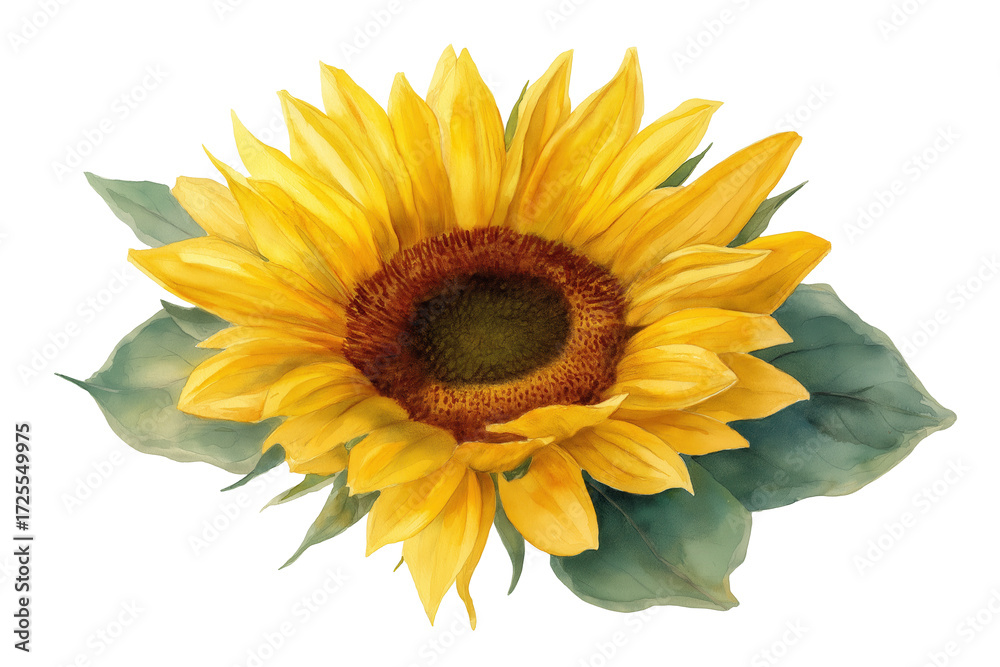 Fototapeta premium Vibrant Sunflower with Leaves Hand drawn watercolor isolated food illustration