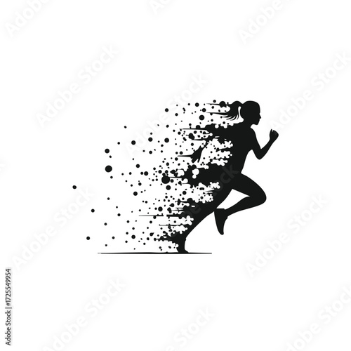 Dynamic silhouette of a runner in motion, illustrating speed and energy with a burst of particles and dots.