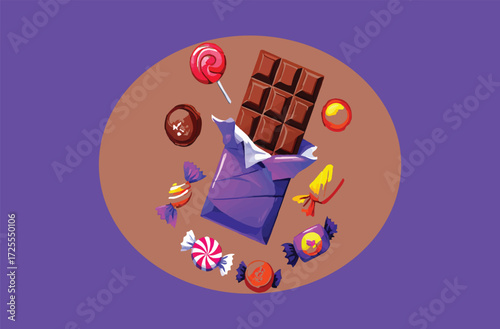 Colorful Candy and Chocolate Bar Illustration on Purple Background
