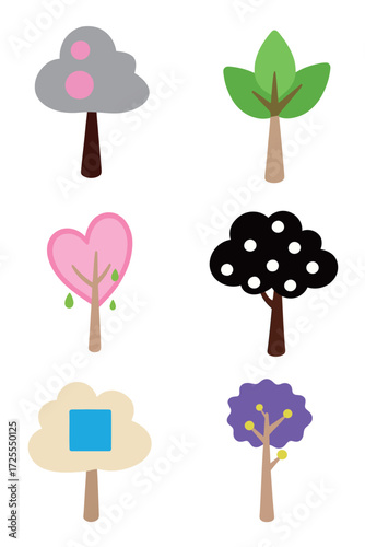 Six abstract and minimal vector tree designs with simple shapes, featuring heart-shaped leaves, black and white polka dots, and a cloud-like geometric canopy