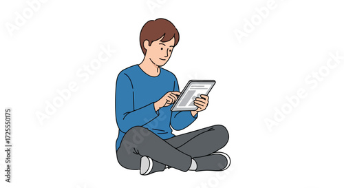 Illustration of a young man casually using a digital tablet while seated, engrossed in on-screen content with focused expression