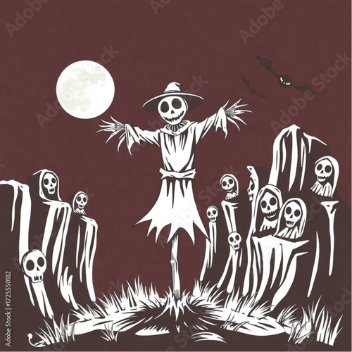 A scarecrow dancing under the moonlight in a blood-red moonlit cliff surrounded by haunted portraits.