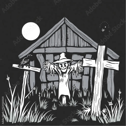 A scarecrow creeping through the darkness in a old witch's cabin surrounded by raven perched on a cross.