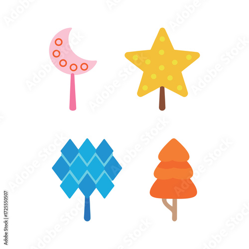 Collection of four unique abstract vector icons, featuring celestial and geometric tree shapes: a pink moon, a spotted yellow star, and a blue layered diamond canopy