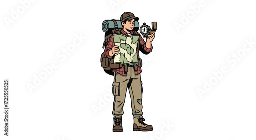 Illustration of a Hiker Orienting Himself with a Map and Compass on a White Background