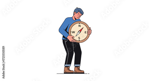 Cartoon man holding a giant compass, concept of navigation and exploration, finding direction, orienteering and mapping skills, journey planning,