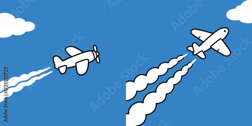 Stylized vector illustration of two cartoon airplanes, one propeller and one jet, flying across a bright blue sky with white clouds and vapor trails