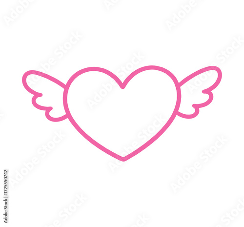 Simple pink outline vector illustration of a heart shape with small angel wings, symbolizing love, romance, freedom, or Valentine's Day