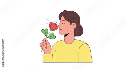Woman enjoys the scent of a flower, capturing the essence of serenity and sensory appreciation in a minimalist style drawing