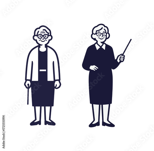 Monochrome vector illustration of two senior women, one holding a cane and one pointing, representing elderly people, teaching, or guidance