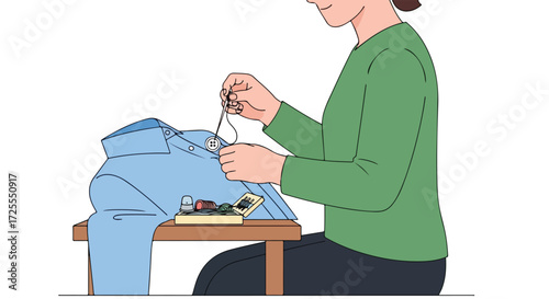 Person sewing a button on a blue shirt with visible needle and thread, showcasing a domestic activity of mending clothes, emphasizing care and
