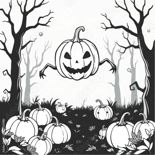 A pumpkin-headed creature hovering above the ground in a creepy forest surrounded by cursed pumpkins.
