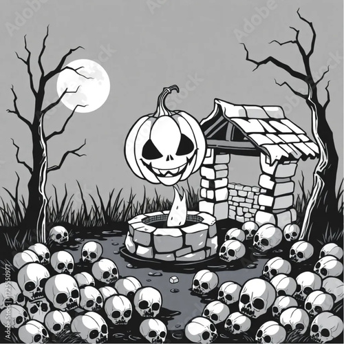 A pumpkin-headed creature floating near the old well in a moonlit swamp surrounded by pile of skulls.