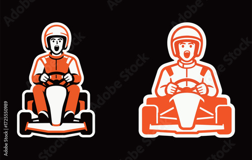 High-energy vector illustration of two race car drivers sitting in karts, wearing helmets and racing suits, depicting speed, excitement, and go-karting