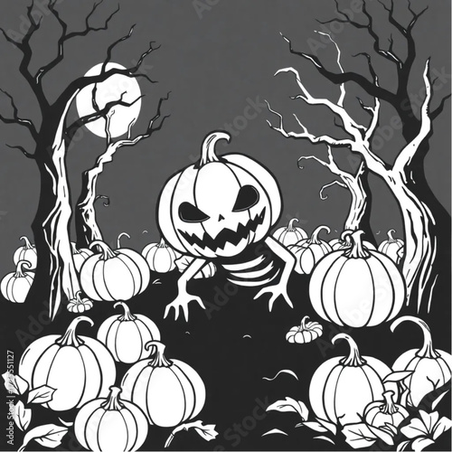 A pumpkin-headed creature creeping through the darkness in a pumpkin patch surrounded by twisted trees.