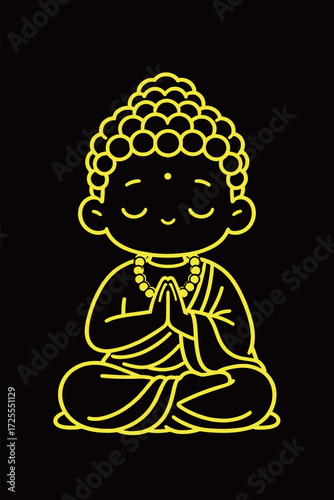 Minimalist Neon Line Art of Cute Baby Buddha in Meditation Pose with Prayer Beads on Black Background for Serenity