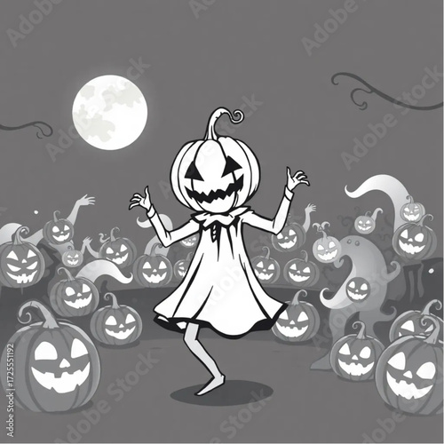 A pumpkin-headed creature dancing under the moonlight in a phantom-filled ballroom surrounded by glowing jack-o'-lanterns.