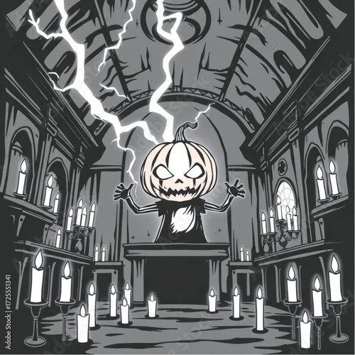 A pumpkin-headed creature appearing in a sudden flash of lightning in a decaying opera house surrounded by floating candles.